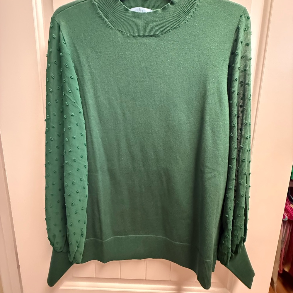 🍁CeCe Green Sweater with Sheer Swiss Dot Sleeves - Picture 5 of 6